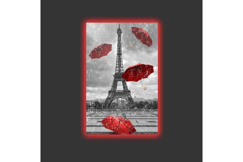 Lærredsbillede med LED-belysning - Eiffeltårnet omgivet af røde paraplyer i regnvejr - Rød / Grå - Boligtilbehør - Billeder & kunst - Billeder på lærred