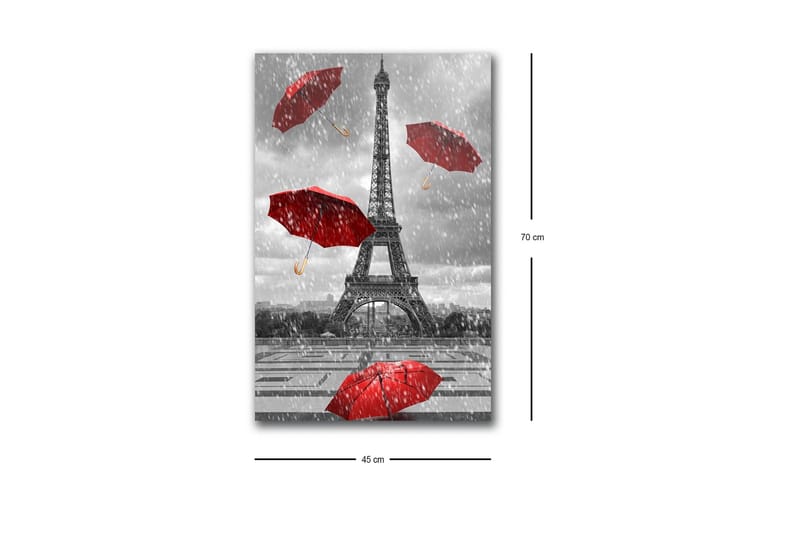 Lærredsbillede med LED-belysning - Eiffeltårnet omgivet af røde paraplyer i regnvejr - Rød / Grå - Boligtilbehør - Billeder & kunst - Billeder på lærred