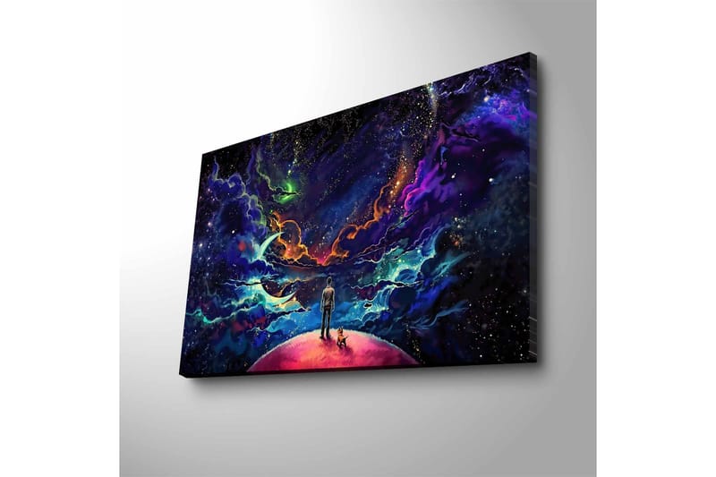 Lærredsbillede med LED-belysning - Fantastisk rumscene med en mand og en hund på en planet - Lilla / Blå / Lyserød - Boligtilbehør - Billeder & kunst - Billeder på lærred
