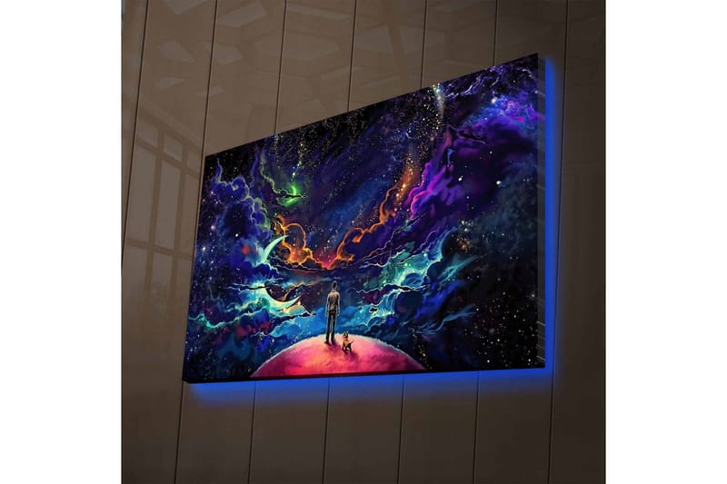 Lærredsbillede med LED-belysning - Fantastisk rumscene med en mand og en hund på en planet - Lilla / Blå / Lyserød - Boligtilbehør - Billeder & kunst - Billeder på lærred