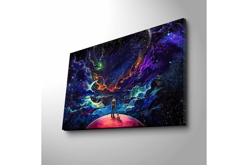 Lærredsbillede med LED-belysning - Fantastisk rumscene med en mand og en hund på en planet - Lilla / Blå / Lyserød - Boligtilbehør - Billeder & kunst - Billeder på lærred
