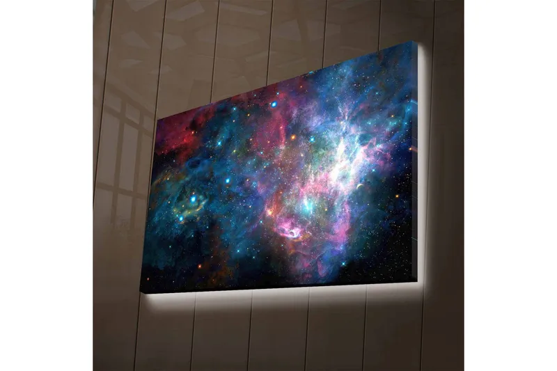 Lærredsbillede med LED-belysning - Farverig galakse med stjerner og tåger, Blå / Lilla / Rød