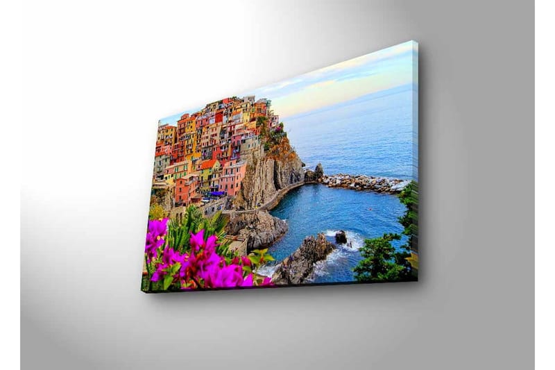 Lærredsbillede med LED-belysning - Farverig kystlandsby med farverige huse og havudsigt - Lilla / Orange / Blå - Boligtilbehør - Billeder & kunst - Billeder på lærred