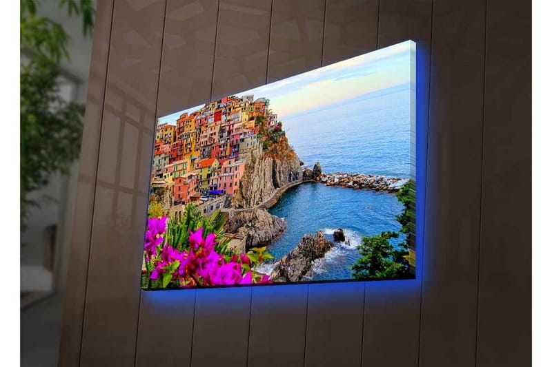 Lærredsbillede med LED-belysning - Farverig kystlandsby med farverige huse og havudsigt - Lilla / Orange / Blå - Boligtilbehør - Billeder & kunst - Billeder på lærred