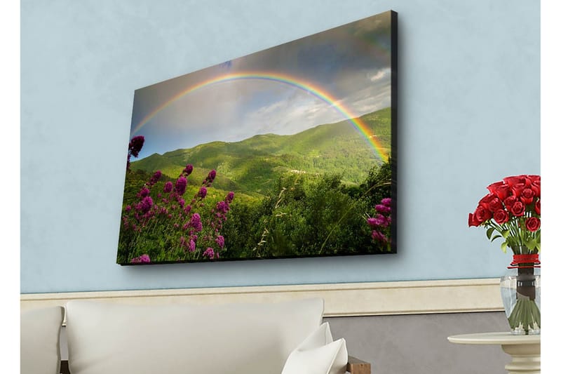 Lærredsbillede med LED-belysning - Farverig regnbue over grønne bjerge og blomster - Grøn / Lilla / Blå - Boligtilbehør - Billeder & kunst - Billeder på lærred