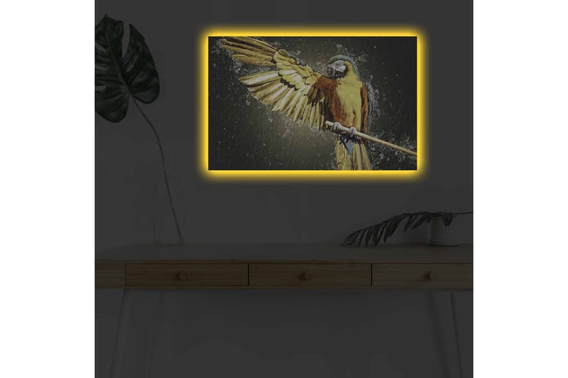 Lærredsbillede med LED-belysning - Farverig papegøje med udstrakte vinger - Guld / Blå / Grøn - Boligtilbehør - Billeder & kunst - Billeder på lærred