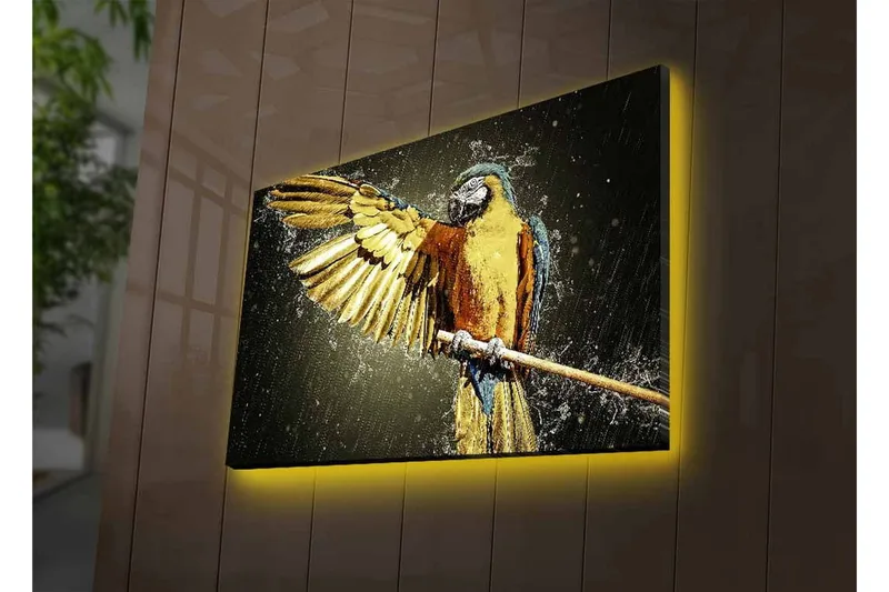 Lærredsbillede med LED-belysning - Farverig papegøje med udstrakte vinger - Guld / Blå / Grøn - Boligtilbehør - Billeder & kunst - Billeder på lærred