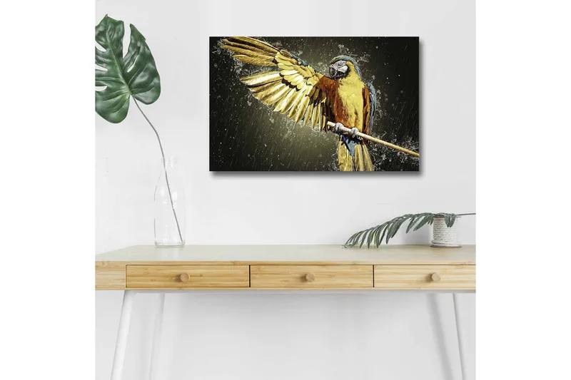 Lærredsbillede med LED-belysning - Farverig papegøje med udstrakte vinger, Guld / Blå / Grøn