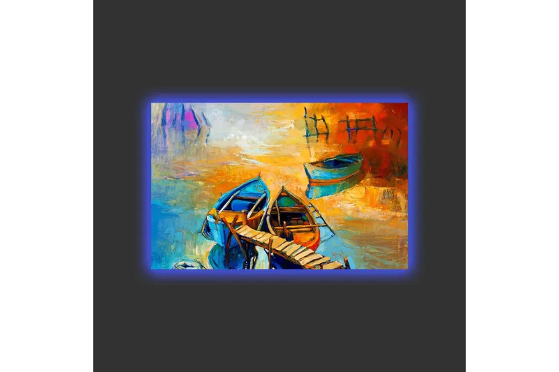Lærredsbillede med LED-belysning - Farverige både ved en mole i en solnedgang - Blå / Orange / Gul - Boligtilbehør - Billeder & kunst - Billeder på lærred