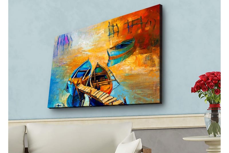 Lærredsbillede med LED-belysning - Farverige både ved en mole i en solnedgang, Blå / Orange / Gul