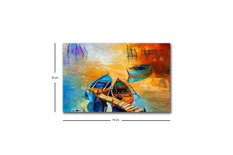 Lærredsbillede med LED-belysning - Farverige både ved en mole i en solnedgang - Blå / Orange / Gul - Boligtilbehør - Billeder & kunst - Billeder på lærred