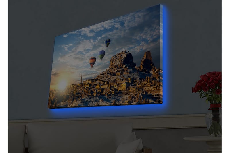 Lærredsbillede med LED-belysning - Farverige varmluftsballoner svæver over et bjergrigt landskab med solnedgang, Guld / Blå / Orange