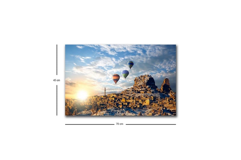 Lærredsbillede med LED-belysning - Farverige varmluftsballoner svæver over et bjergrigt landskab med solnedgang - Guld / Blå / Orange - Boligtilbehør - Billeder & kunst - Billeder på lærred