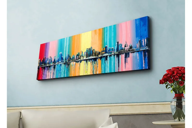 Lærredsbillede med LED-belysning - Farverigt bybillede med skyline og refleksioner i vand - Blå / Lyserød / Orange - Boligtilbehør - Billeder & kunst - Billeder på lærred