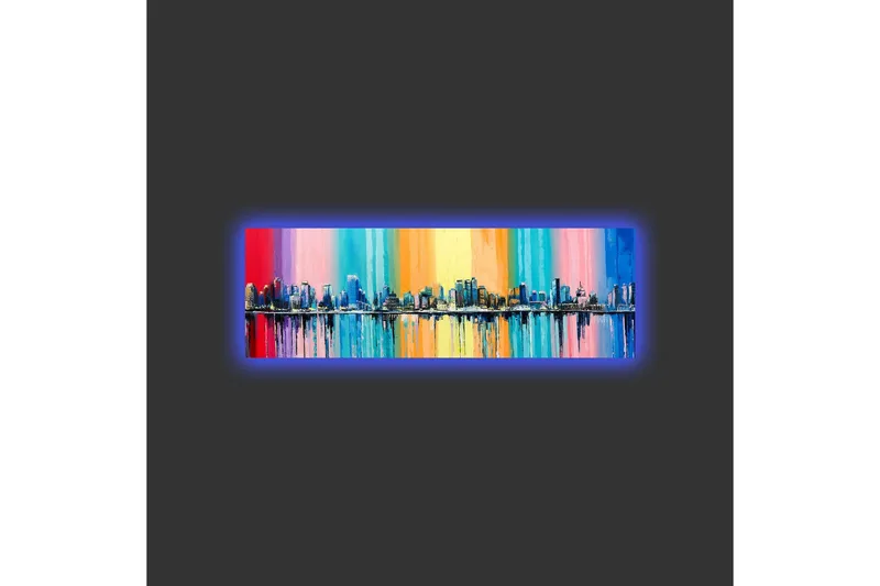 Lærredsbillede med LED-belysning - Farverigt bybillede med skyline og refleksioner i vand - Blå / Lyserød / Orange - Boligtilbehør - Billeder & kunst - Billeder på lærred