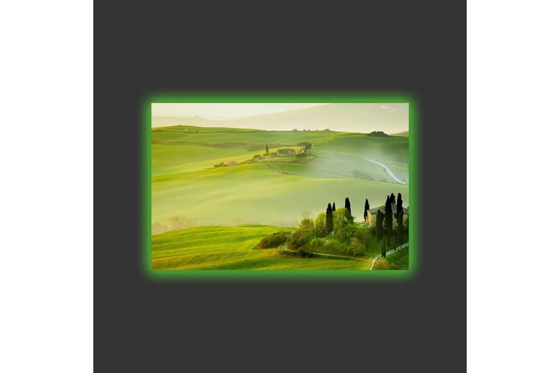 Lærredsbillede med LED-belysning - Frodigt landskab med bølgende grønne bakker og cypresser - Grøn / Lysegrøn / Brun - Boligtilbehør - Billeder & kunst - Billeder på lærred