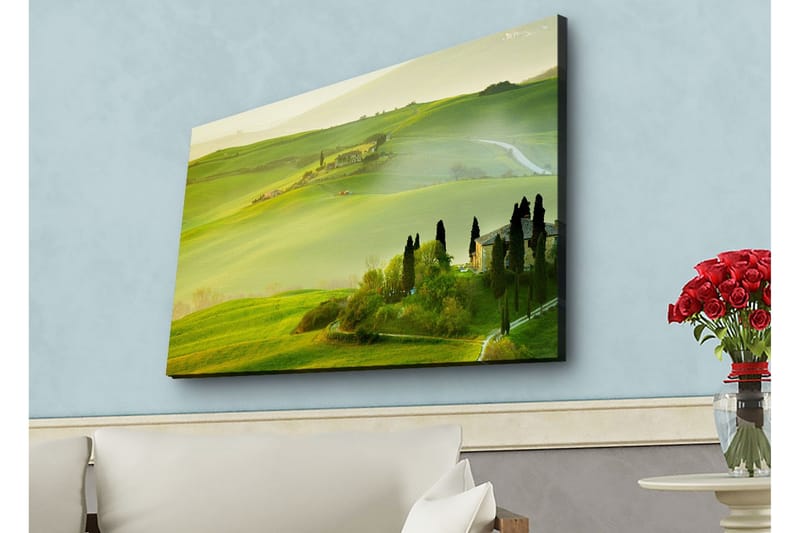 Lærredsbillede med LED-belysning - Frodigt landskab med bølgende grønne bakker og cypresser - Grøn / Lysegrøn / Brun - Boligtilbehør - Billeder & kunst - Billeder på lærred