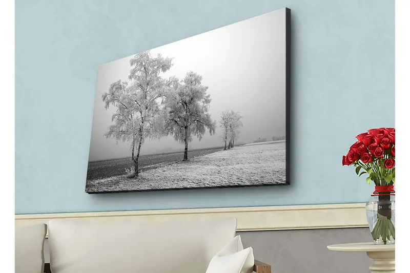 Lærredsbillede med LED-belysning - Frosne træer i et vinterlandskab, Hvid / Grå