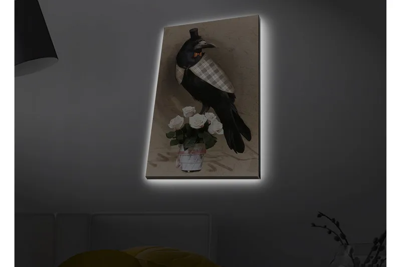 Lærredsbillede med LED-belysning - Fugl i elegant tøj med en buket roser, Sort / Lys pink / Beige