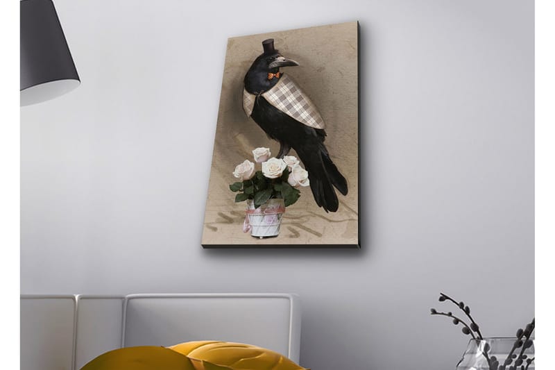 Lærredsbillede med LED-belysning - Fugl i elegant tøj med en buket roser - Sort / Lys pink / Beige - Boligtilbehør - Billeder & kunst - Billeder på lærred