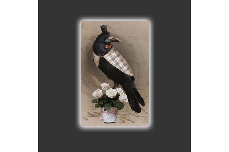 Lærredsbillede med LED-belysning - Fugl i elegant tøj med en buket roser - Sort / Lys pink / Beige - Boligtilbehør - Billeder & kunst - Billeder på lærred