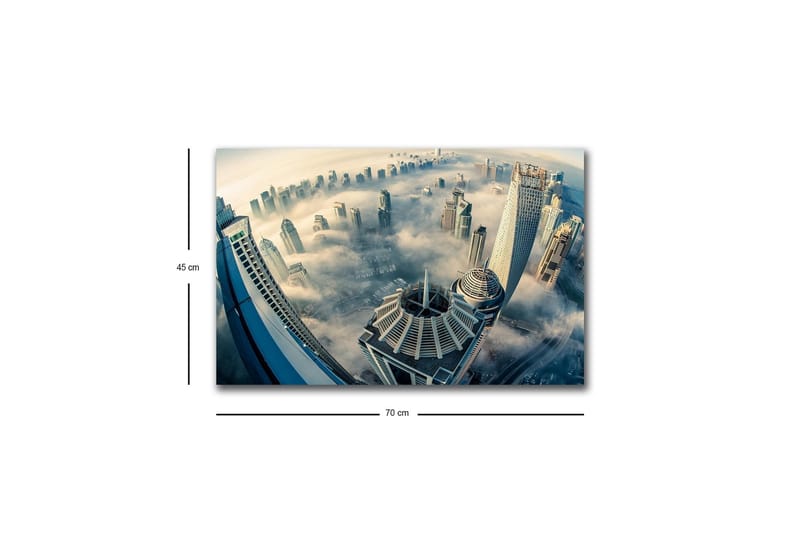 Lærredsbillede med LED-belysning - Futuristisk bybillede med høje skyskrabere i tåge - Grå / Blå / Beige - Boligtilbehør - Billeder & kunst - Billeder på lærred
