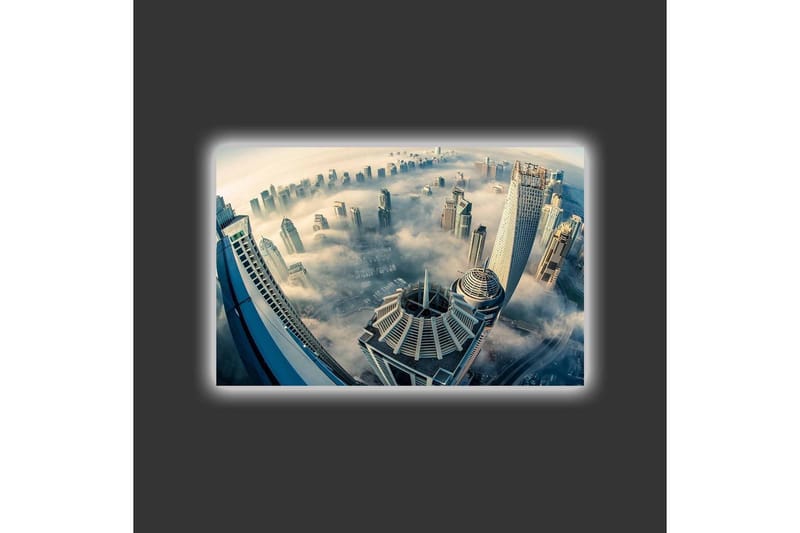 Lærredsbillede med LED-belysning - Futuristisk bybillede med høje skyskrabere i tåge - Grå / Blå / Beige - Boligtilbehør - Billeder & kunst - Billeder på lærred