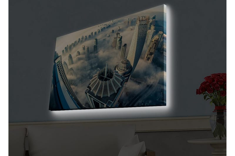 Lærredsbillede med LED-belysning - Futuristisk bybillede med høje skyskrabere i tåge, Grå / Blå / Beige