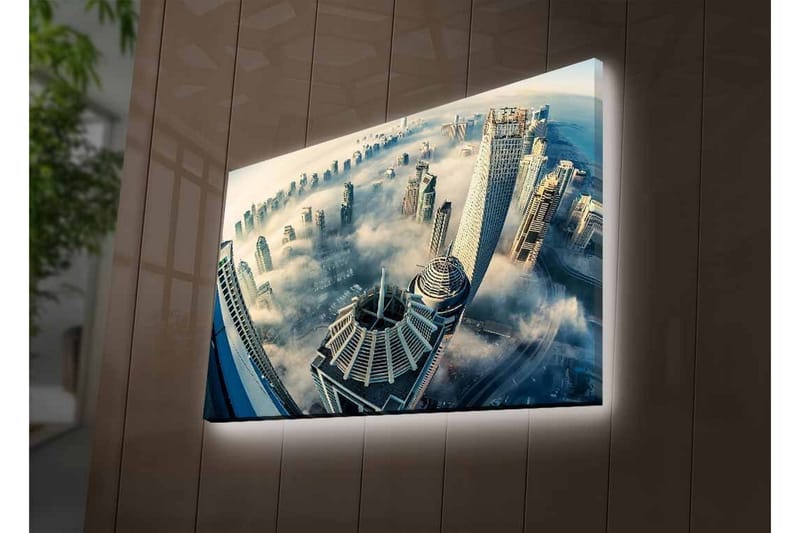 Lærredsbillede med LED-belysning - Futuristisk bybillede med skyskrabere i tåge - Grå / Blå / Hvid - Boligtilbehør - Billeder & kunst - Billeder på lærred