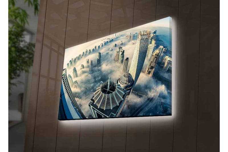 Lærredsbillede med LED-belysning - Futuristisk bybillede med skyskrabere i tåge - Grå / Blå / Hvid - Boligtilbehør - Billeder & kunst - Billeder på lærred