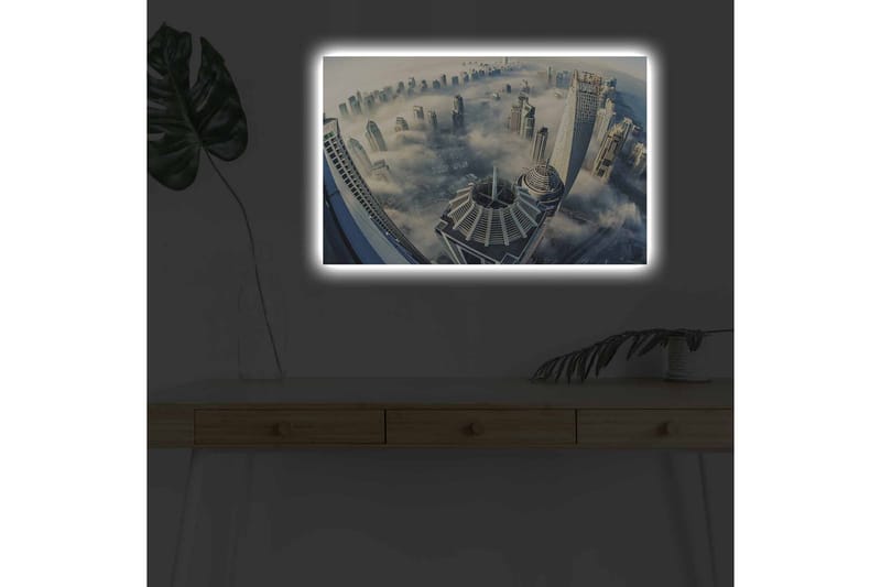 Lærredsbillede med LED-belysning - Futuristisk bybillede med skyskrabere i tåge - Grå / Blå / Hvid - Boligtilbehør - Billeder & kunst - Billeder på lærred
