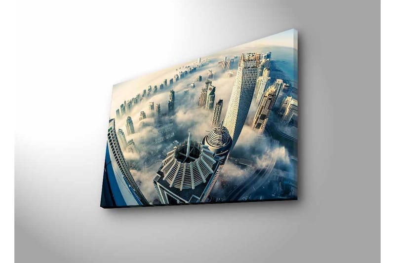 Lærredsbillede med LED-belysning - Futuristisk bybillede med skyskrabere i tåge - Grå / Blå / Hvid - Boligtilbehør - Billeder & kunst - Billeder på lærred