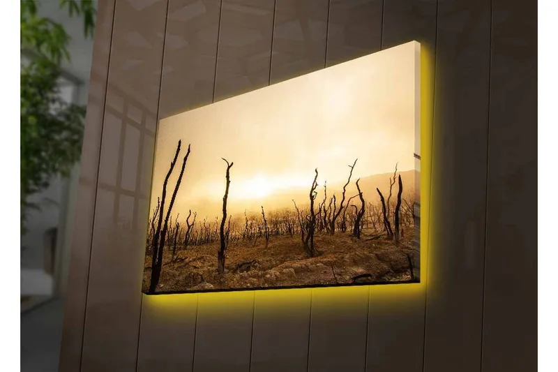 Lærredsbillede med LED-belysning - Goldt landskab med døde træstammer - Mørkebrun / Beige / Grå - Boligtilbehør - Billeder & kunst - Billeder på lærred