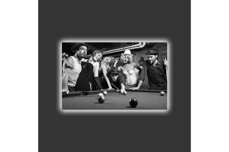 Lærredsbillede med LED-belysning - Gruppe af mennesker, der spiller billard i nostalgiske omgivelser - Sort / Hvid / Grå - Boligtilbehør - Billeder & kunst - Billeder på lærred