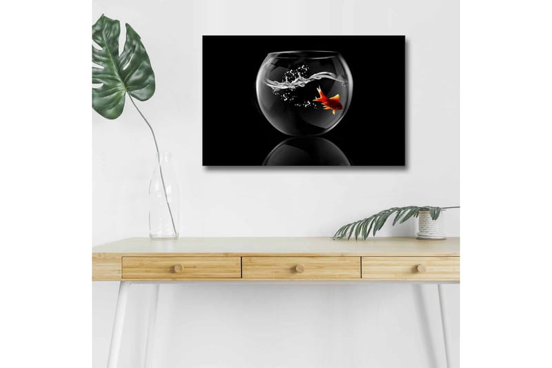 Lærredsbillede med LED-belysning - Guldfisk svømmer i en glasbeholder med vandsprøjt, Sort / Rød / Gennemsigtig