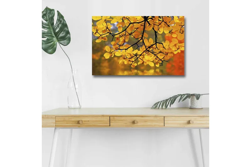 Lærredsbillede med LED-belysning - Gyldne efterårsblade hængende fra en gren, Guld / Grøn / Orange