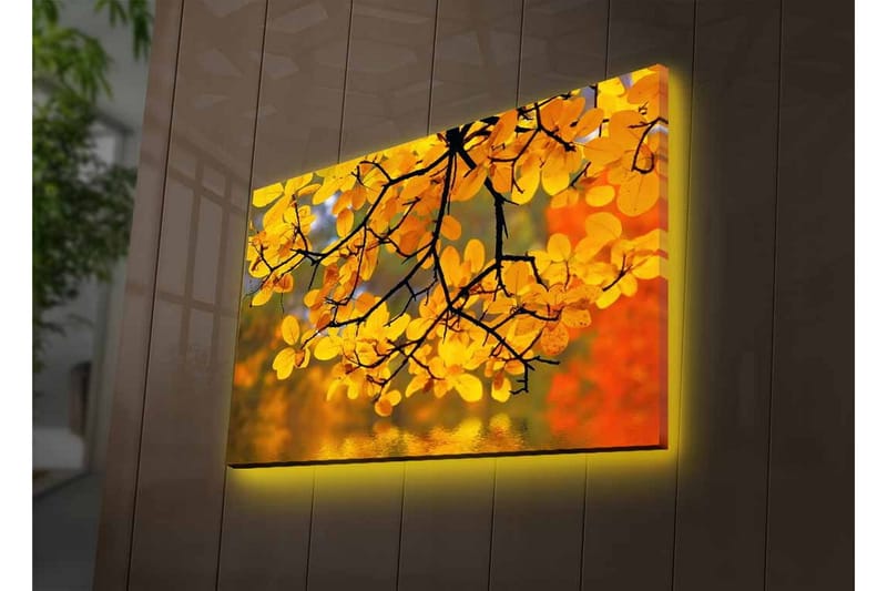 Lærredsbillede med LED-belysning - Gyldne efterårsblade hængende fra en gren - Guld / Grøn / Orange - Boligtilbehør - Billeder & kunst - Billeder på lærred