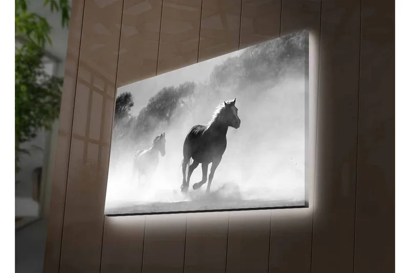 Lærredsbillede med LED-belysning - Heste galoperer gennem tåge - Sort / Hvid / Grå - Boligtilbehør - Billeder & kunst - Billeder på lærred