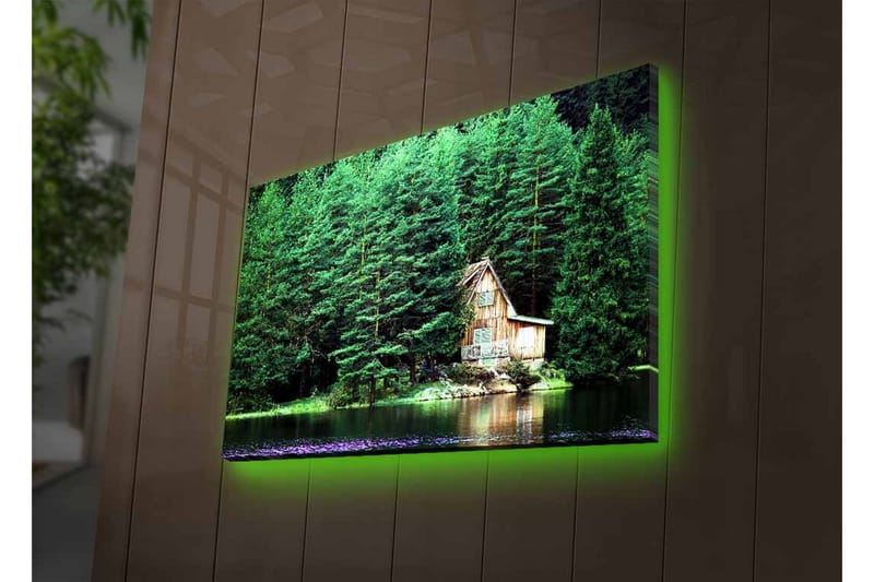 Lærredsbillede med LED-belysning - Hytte ved en spejlblank sø omgivet af tæt grønt - Grøn / Brun / Blå - Boligtilbehør - Billeder & kunst - Billeder på lærred