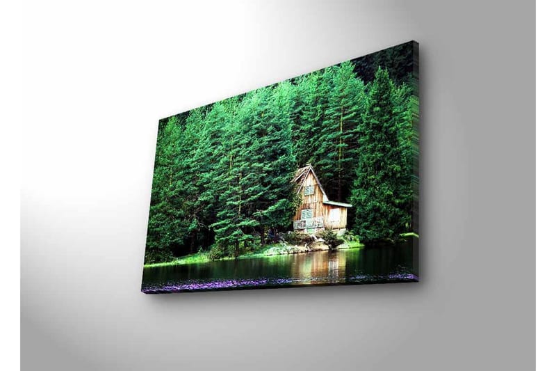 Lærredsbillede med LED-belysning - Hytte ved en spejlblank sø omgivet af tæt grønt - Grøn / Brun / Blå - Boligtilbehør - Billeder & kunst - Billeder på lærred