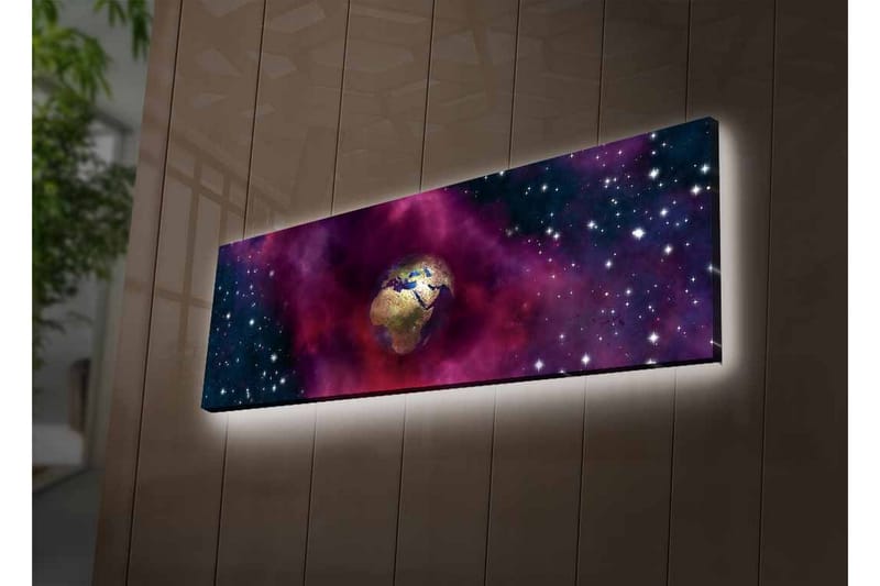 Lærredsbillede med LED-belysning - Jorden omgivet af et stjerneklar rum med farverige tåger - Lilla / Blå / Guld - Boligtilbehør - Billeder & kunst - Billeder på lærred