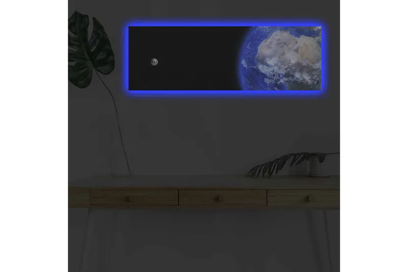 Lærredsbillede med LED-belysning - Jorden set fra rummet med en måne i baggrunden, Blå / Grå / Sort