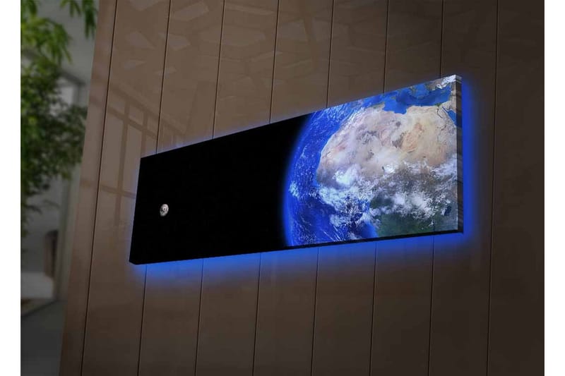 Lærredsbillede med LED-belysning - Jorden set fra rummet med en måne i baggrunden - Blå / Grå / Sort - Boligtilbehør - Billeder & kunst - Billeder på lærred