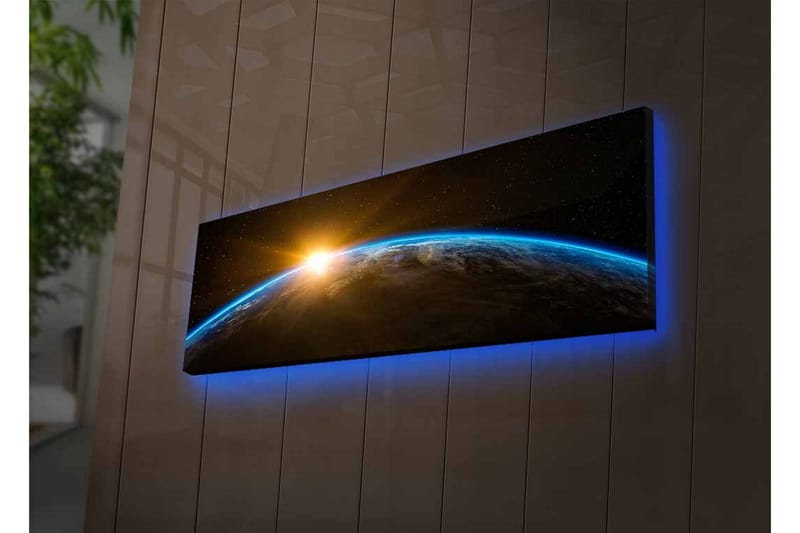 Lærredsbillede med LED-belysning - Jorden set fra rummet med en solopgang i horisonten - Blå / Orange / Sort - Boligtilbehør - Billeder & kunst - Billeder på lærred