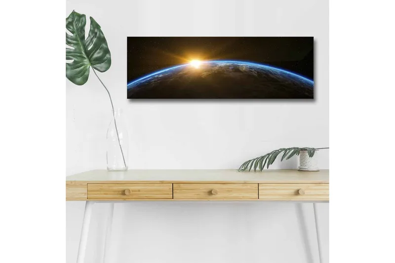 Lærredsbillede med LED-belysning - Jorden set fra rummet med en solopgang i horisonten - Blå / Orange / Sort - Boligtilbehør - Billeder & kunst - Billeder på lærred