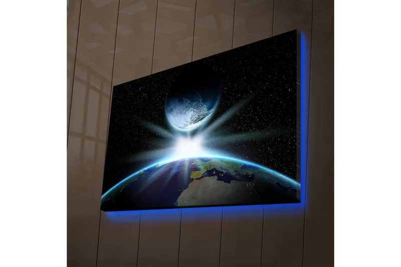 Lærredsbillede med LED-belysning - Jorden set fra rummet med en strålende solopgang bag månen, Blå / Grøn / Sort