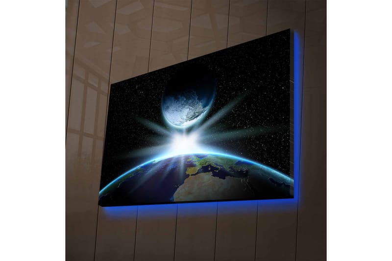 Lærredsbillede med LED-belysning - Jorden set fra rummet med en strålende solopgang bag månen, Blå / Grøn / Sort