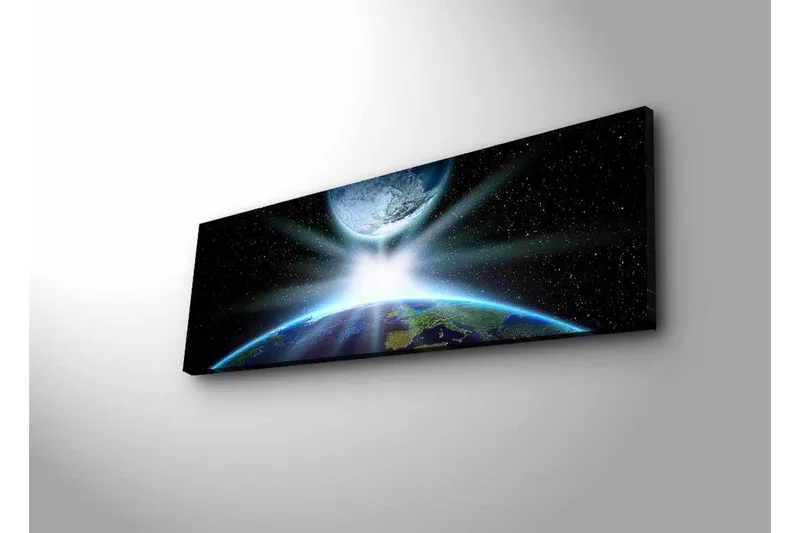 Lærredsbillede med LED-belysning - Jorden set fra rummet med lysstråler, der bryder gennem atmosfæren - Blå / Grøn / Sort - Boligtilbehør - Billeder & kunst - Billeder på lærred
