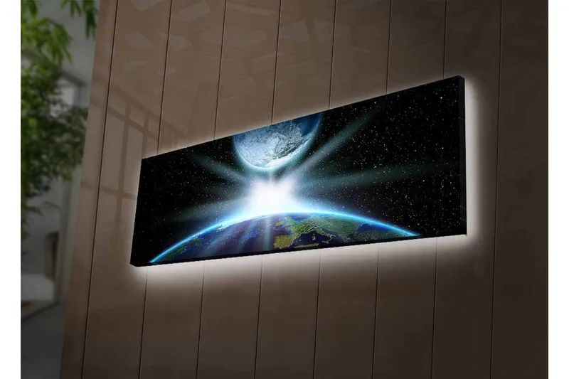 Lærredsbillede med LED-belysning - Jorden set fra rummet med lysstråler, der bryder gennem atmosfæren - Blå / Grøn / Sort - Boligtilbehør - Billeder & kunst - Billeder på lærred