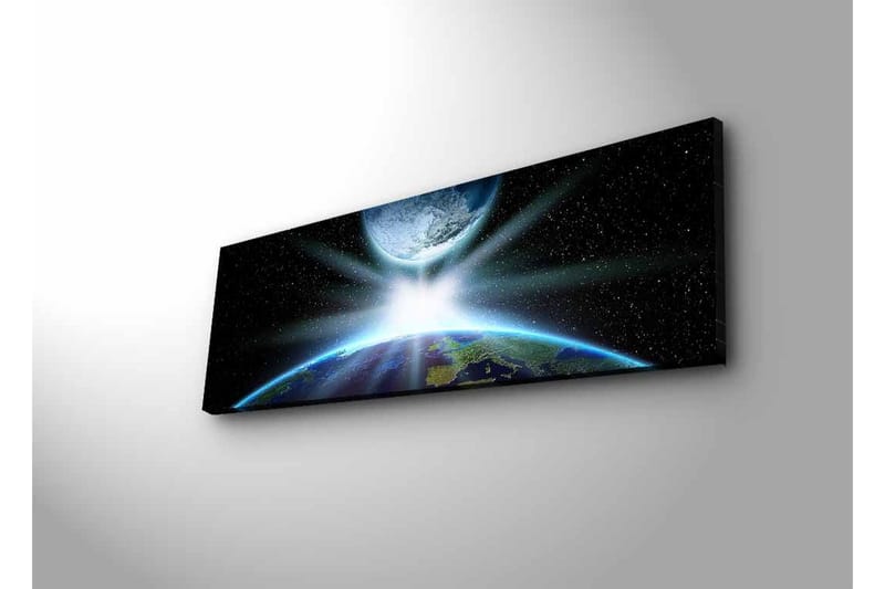 Lærredsbillede med LED-belysning - Jorden set fra rummet med lysstråler, der bryder gennem atmosfæren - Blå / Grøn / Sort - Boligtilbehør - Billeder & kunst - Billeder på lærred